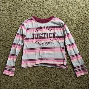 Justice Girls' Long-Sleeve Striped Graphic Tee in Pink and Burgundy